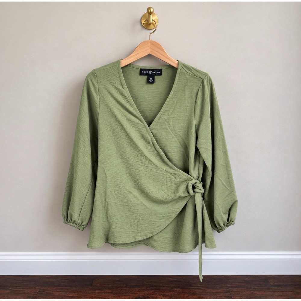 Fred David Sage Green Textured Wrap Blouse Side Tie V-Neck Top K2U156ERM M
